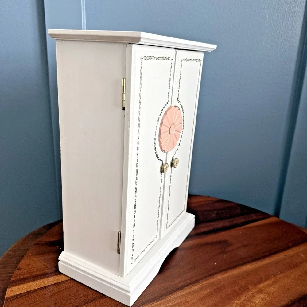 White Musical Jewelry Box with Pink Velvet Lining Mirror‎ Hooks Wood Velvet